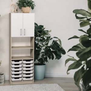 Armadio aperto con contenitori per lo stoccaggio